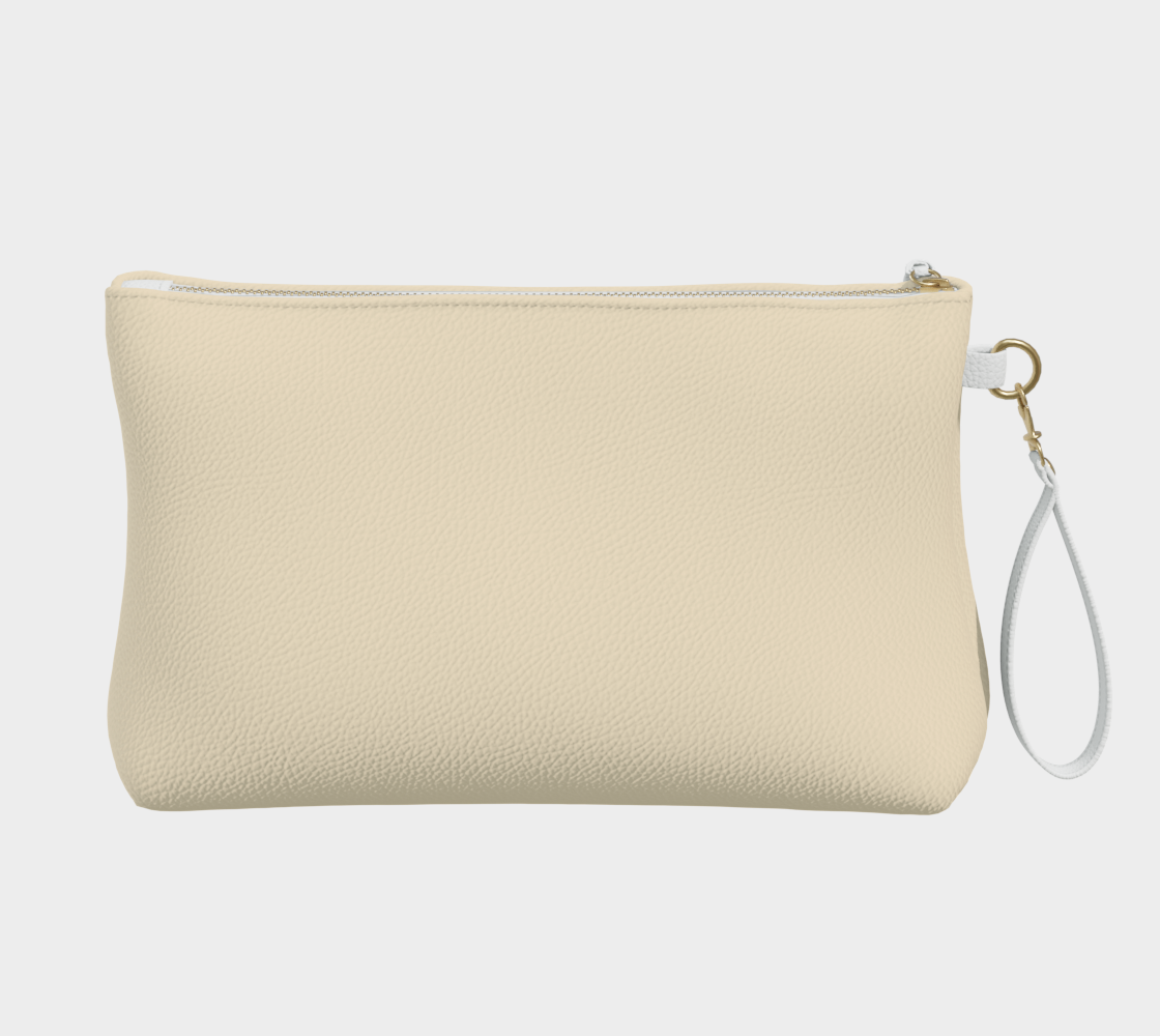 Queen of Petals Cream Vegan Leather Clutch, back view, displaying navy lining and metal zipper