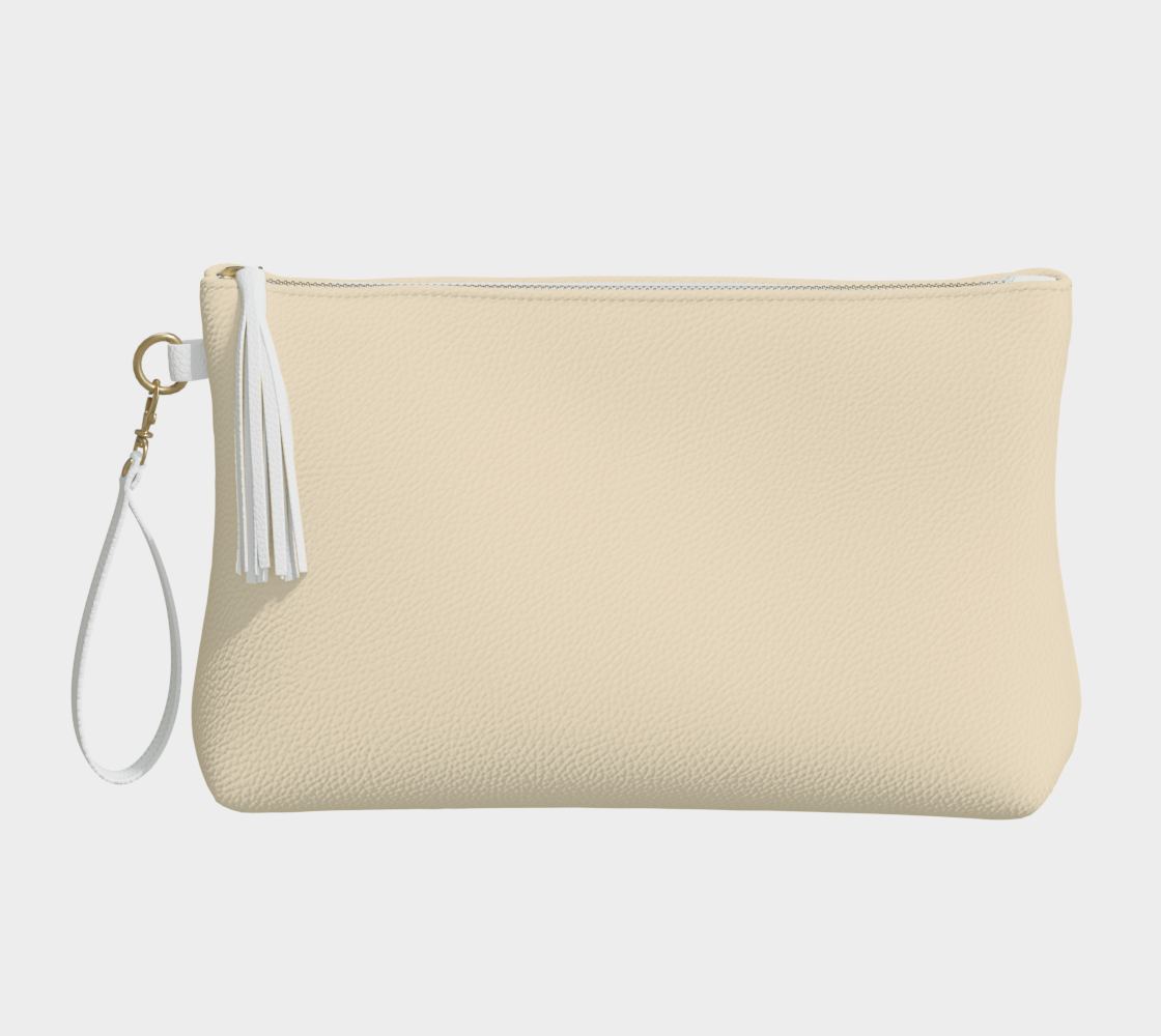 Queen of Petals Cream Vegan Leather Clutch, front view, showing smooth pebble texture and tassel