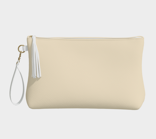 Queen of Petals Cream Vegan Leather Clutch, front view, showing smooth pebble texture and tassel