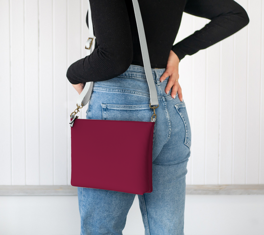 Queen of Petals Deep Burgundy Crossbody Purse worn crossbody, deep wine burgundy leather