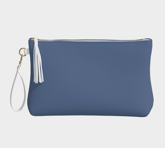 Queen of Petals denim blue vegan leather clutch, front view with white tassel