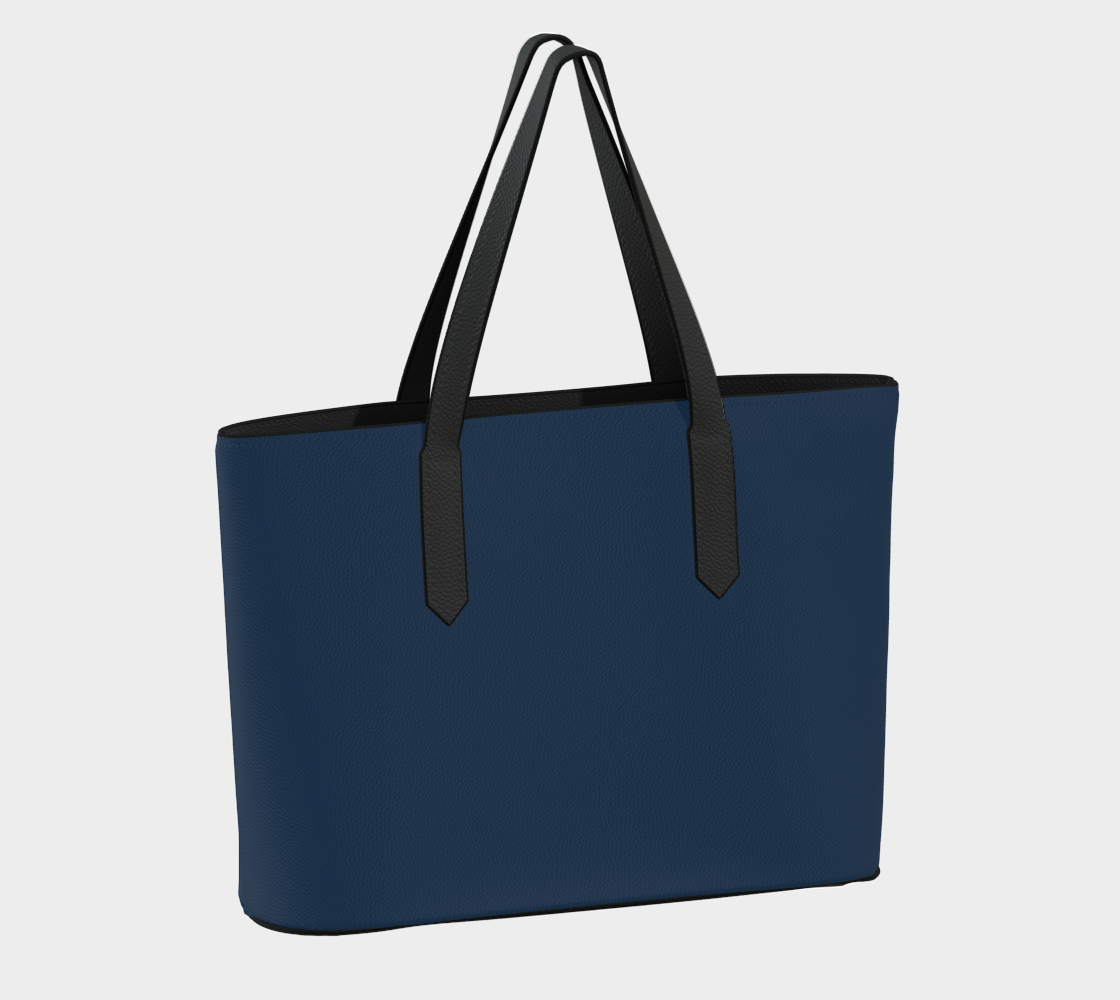 Queen of Petals Indigo Tote Bag back view showing structured shape, solid color straps in indigo blue vegan leather, laptop tote design