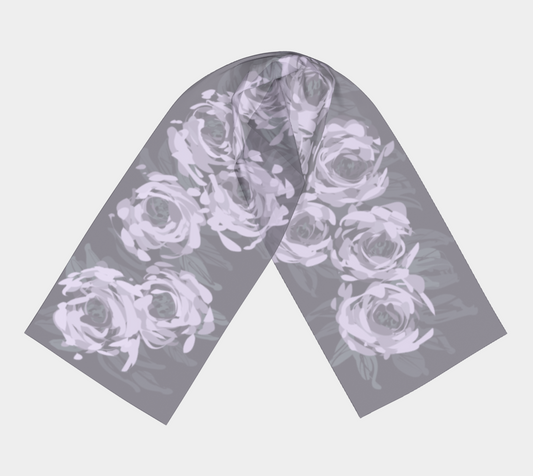 Queen of Petals Lavender Smoke Long Silk Scarf, full view, muted lavender and pearl gray silk charmeuse