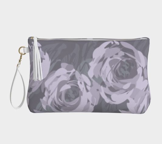 Queen of Petals Lavender Smoke Vegan Leather Clutch, front view, pebbled texture in muted lavender