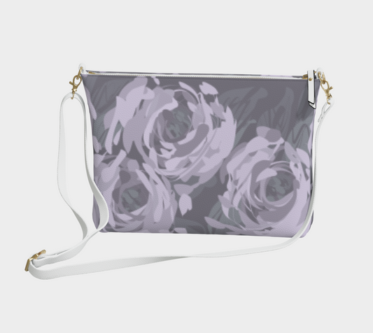 Queen of Petals Lavender Smoke Vegan Leather Crossbody Purse, front view, dusty purple pebbled leather