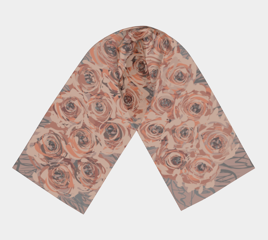 Queen of Petals Mauve Rose Long Silk Scarf, full view, in dusty mauve, coral, and soft grey with rose floral pattern