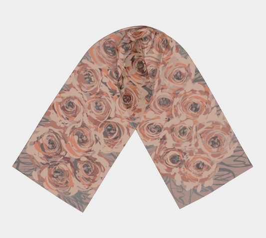 Queen of Petals Mauve Rose Long Silk Scarf, full view, in dusty mauve, coral, and soft grey with rose floral pattern