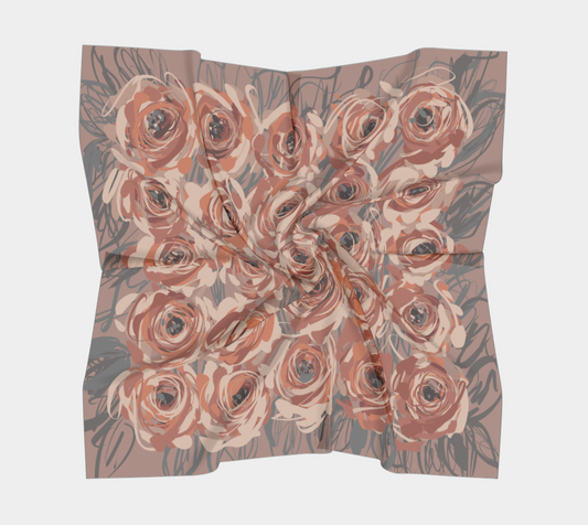 Queen of Petals Mauve Rose Square Silk Scarf, full view, featuring dusty mauve, coral, and grey botanical pattern