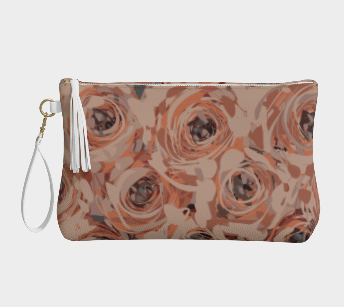 Queen of Petals Mauve Rose Vegan Leather Clutch, front view, in dusty mauve pebble leather with tassel