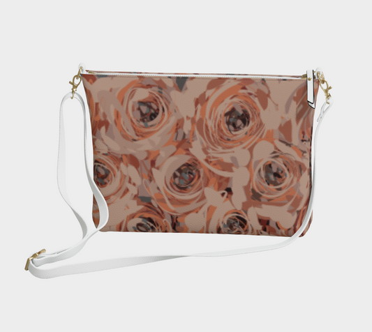 Queen of Petals Mauve Rose Vegan Leather Crossbody Purse, front view, in dusty mauve and coral pebble leather
