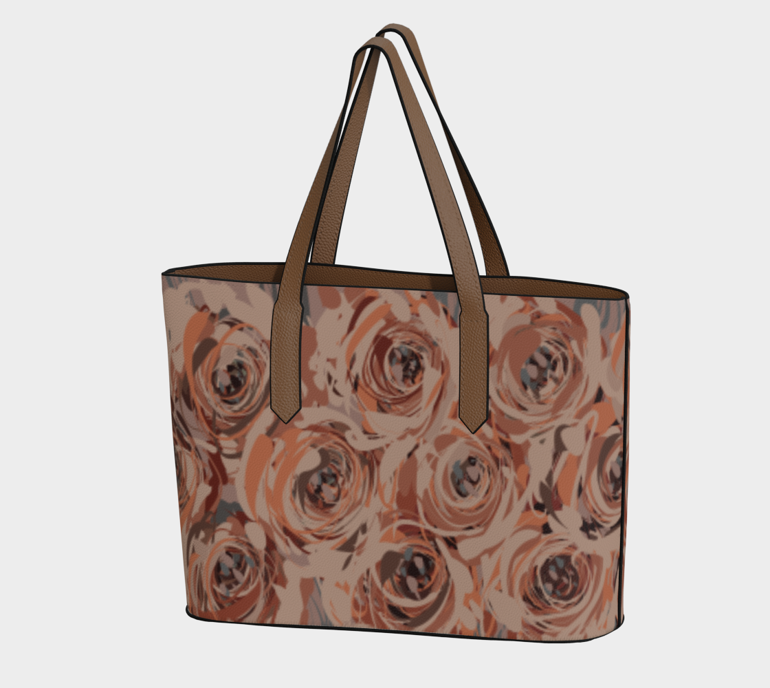Queen of Petals Mauve Rose Vegan Leather Tote Bag, front view, in dusty mauve and coral with grey leaf pattern