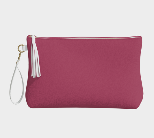 Queen of Petals Merlot Clutch, front view, mid burgundy vegan leather with tassel detail