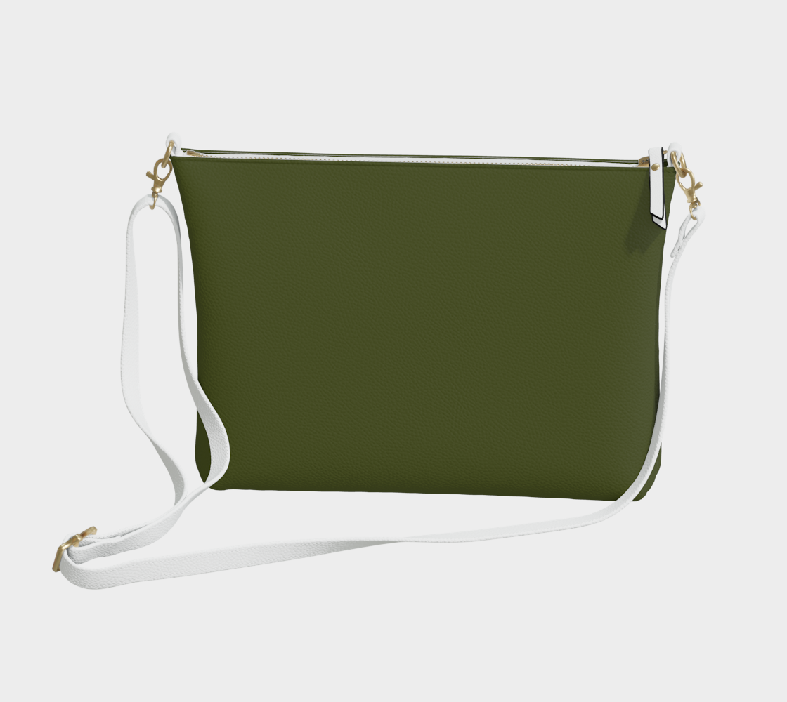 Queen of Petals Olive Green Collection Forest Moss Vegan Leather Crossbody Purse, front view with metal zipper