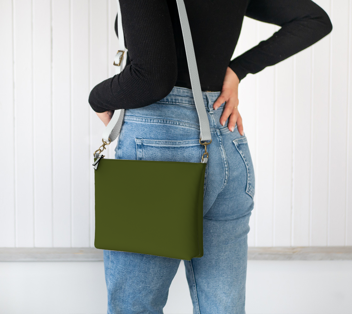 Queen of Petals Olive Green Collection Forest Moss Crossbody Purse worn on shoulder with adjustable strap