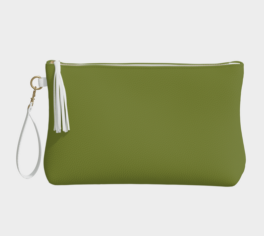 Queen of Petals Olive Green Collection Moss Green Vegan Leather Clutch, front view with tassel detail