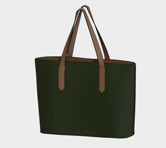 Queen of Petals Olive Green Collection Olive Black Vegan Leather Tote Bag, front view, 18×12×5 inches
