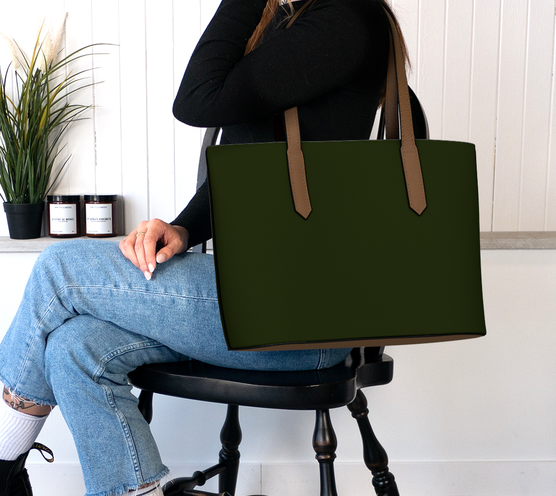 Queen of Petals Olive Green Collection Olive Black Tote Bag worn on shoulder with interior pockets visible