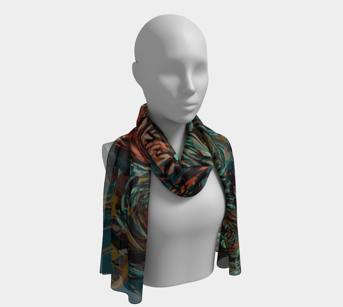 Queen of Petals Patina Long Silk Scarf worn as shoulder throw, showing aged copper and teal draping