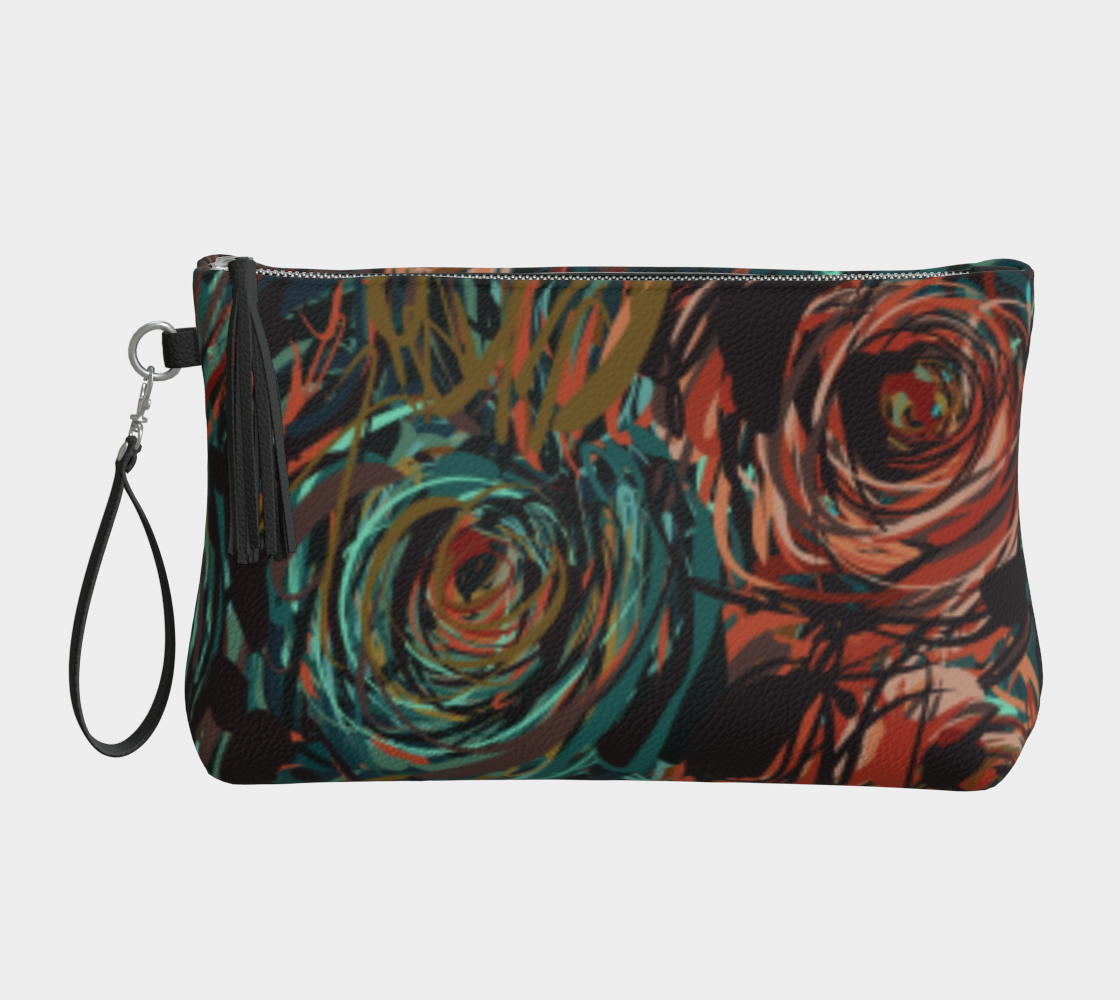 Queen of Petals Patina Vegan Leather Clutch front view with oxidized teal and copper patina print