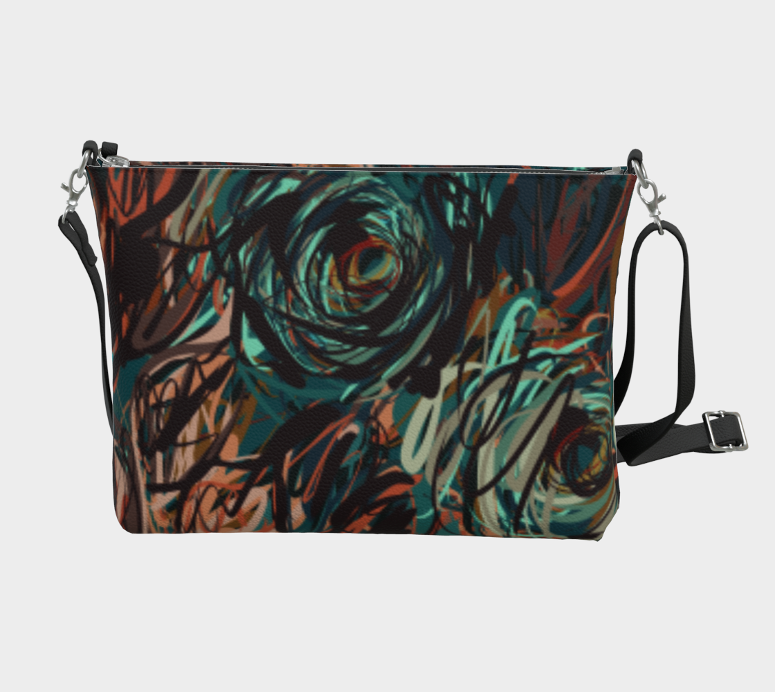 Queen of Petals Patina Crossbody back view, 8.5×7×2 inches with metal zipper