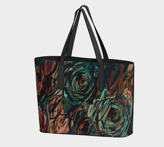 Queen of Petals Patina Vegan Leather Tote Bag front view, 18×12×5 inches with weathered metal tones