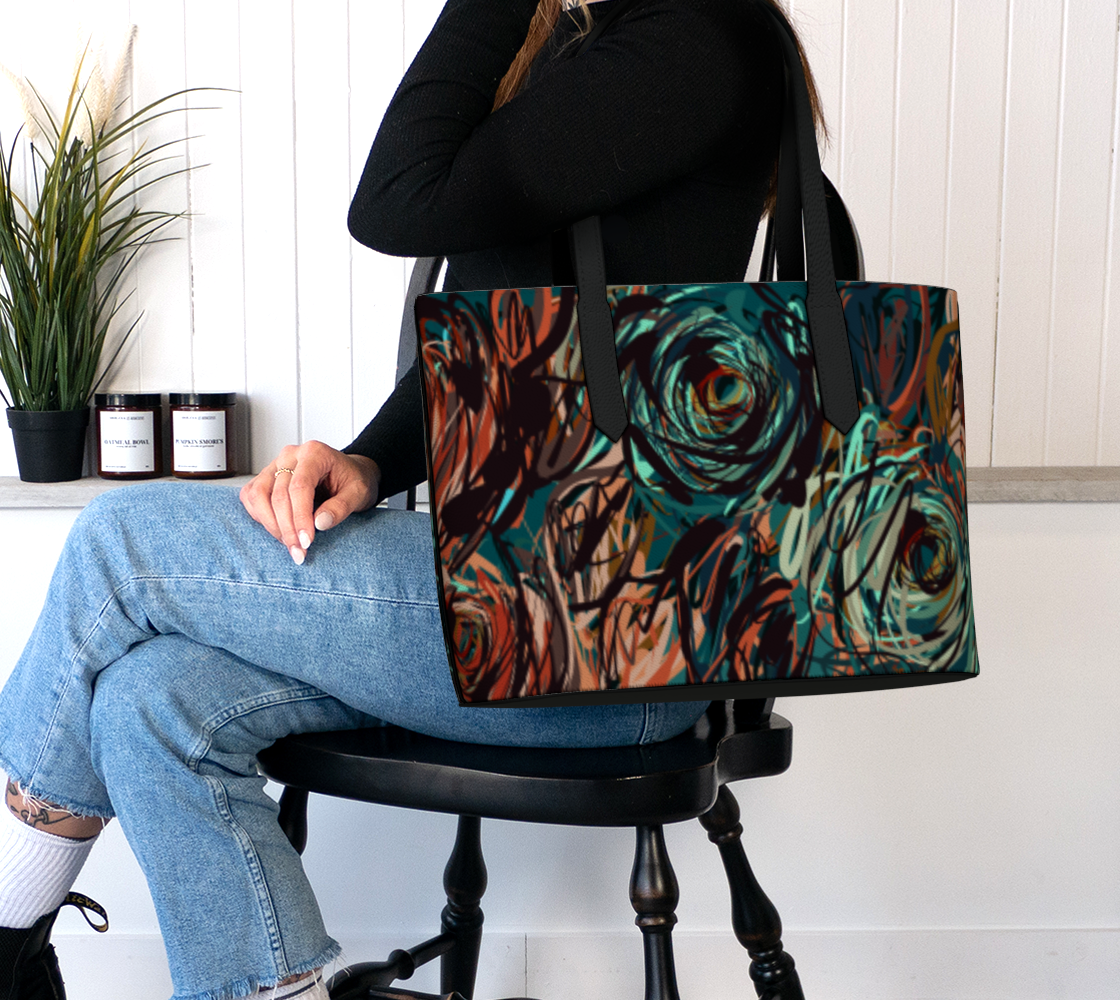 Queen of Petals Patina Tote worn on shoulder, fits 16-inch laptop with magnetic closure