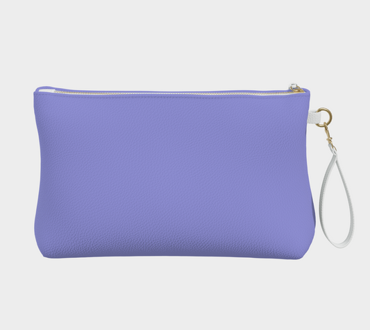 Queen of Petals Periwinkle Resolve Hyacinth Clutch, back view, periwinkle vegan leather with metal zipper