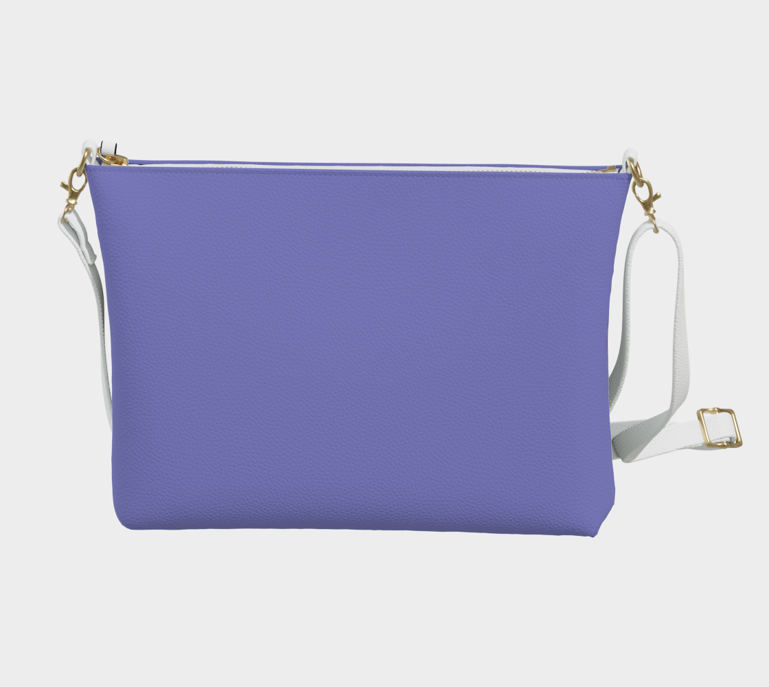 Queen of Petals Periwinkle Resolve Wisteria Crossbody, back view, wisteria periwinkle vegan leather with metal zipper