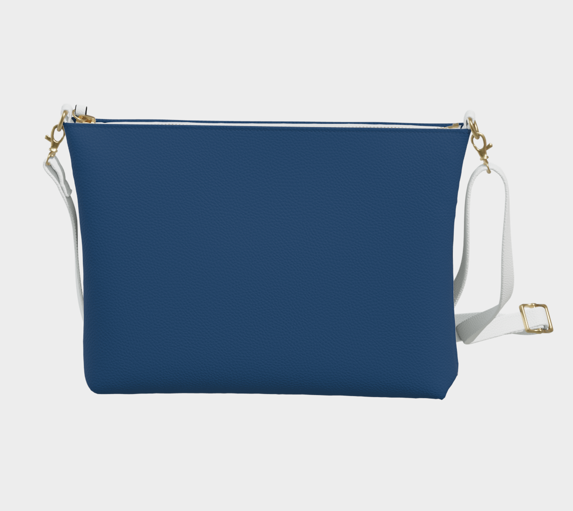 Queen of Petals Royal Blue Crossbody Purse back view with white adjustable strap, royal blue vegan leather construction, metal zipper