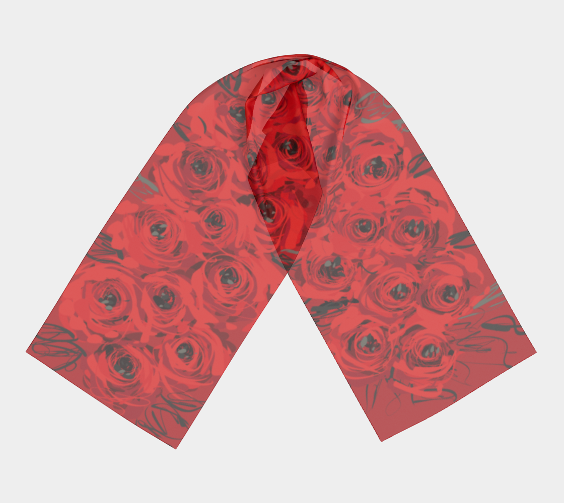 Queen of Petals Ruby Red Roses Long Silk Scarf, full view, in deep crimson and scarlet tones