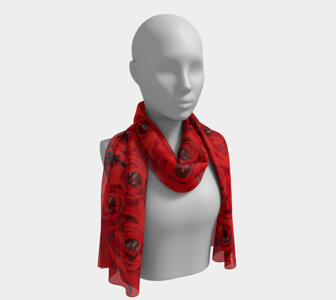 Queen of Petals Ruby Red Roses Long Silk Scarf, styled as shoulder throw, showing drape and movement