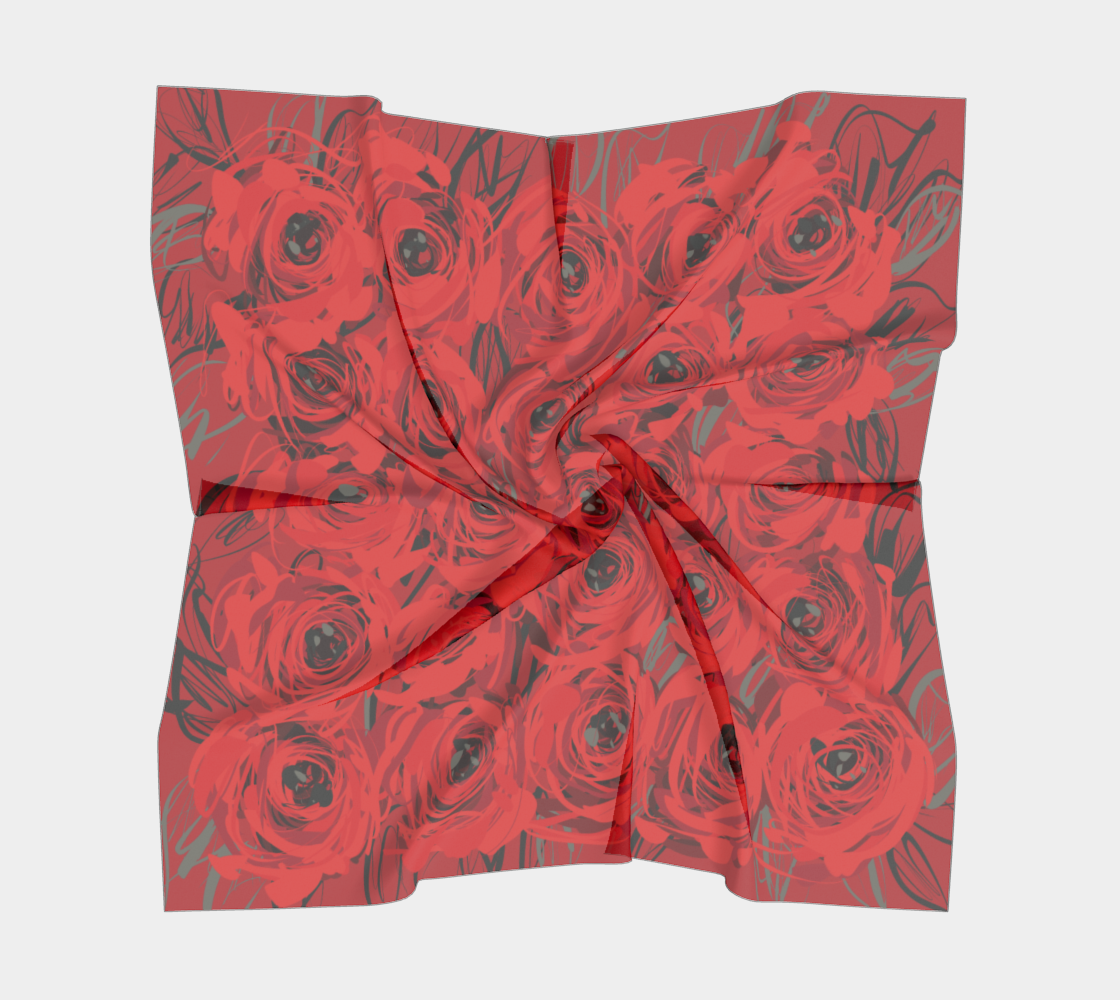Queen of Petals Ruby Red Roses Square Silk Scarf, full view, scarlet deepening to crimson edges