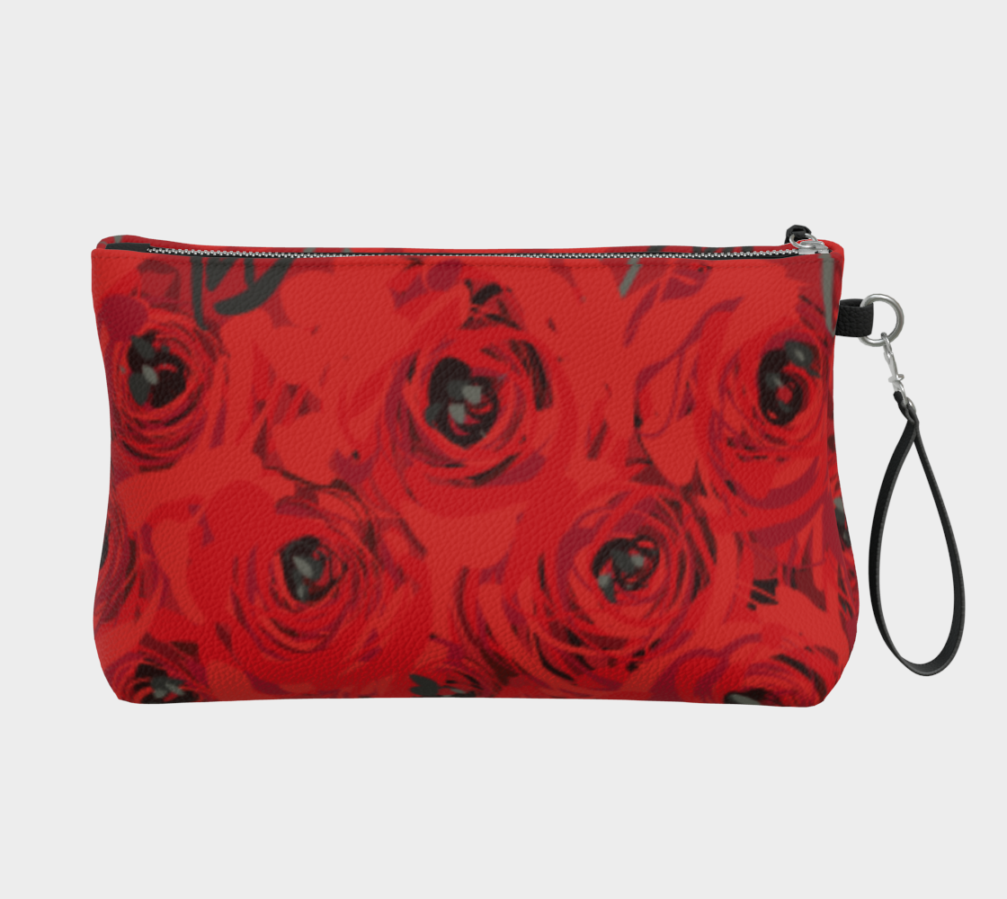 Queen of Petals Ruby Red Roses Vegan Leather Clutch, back view, smooth ruby leather finish