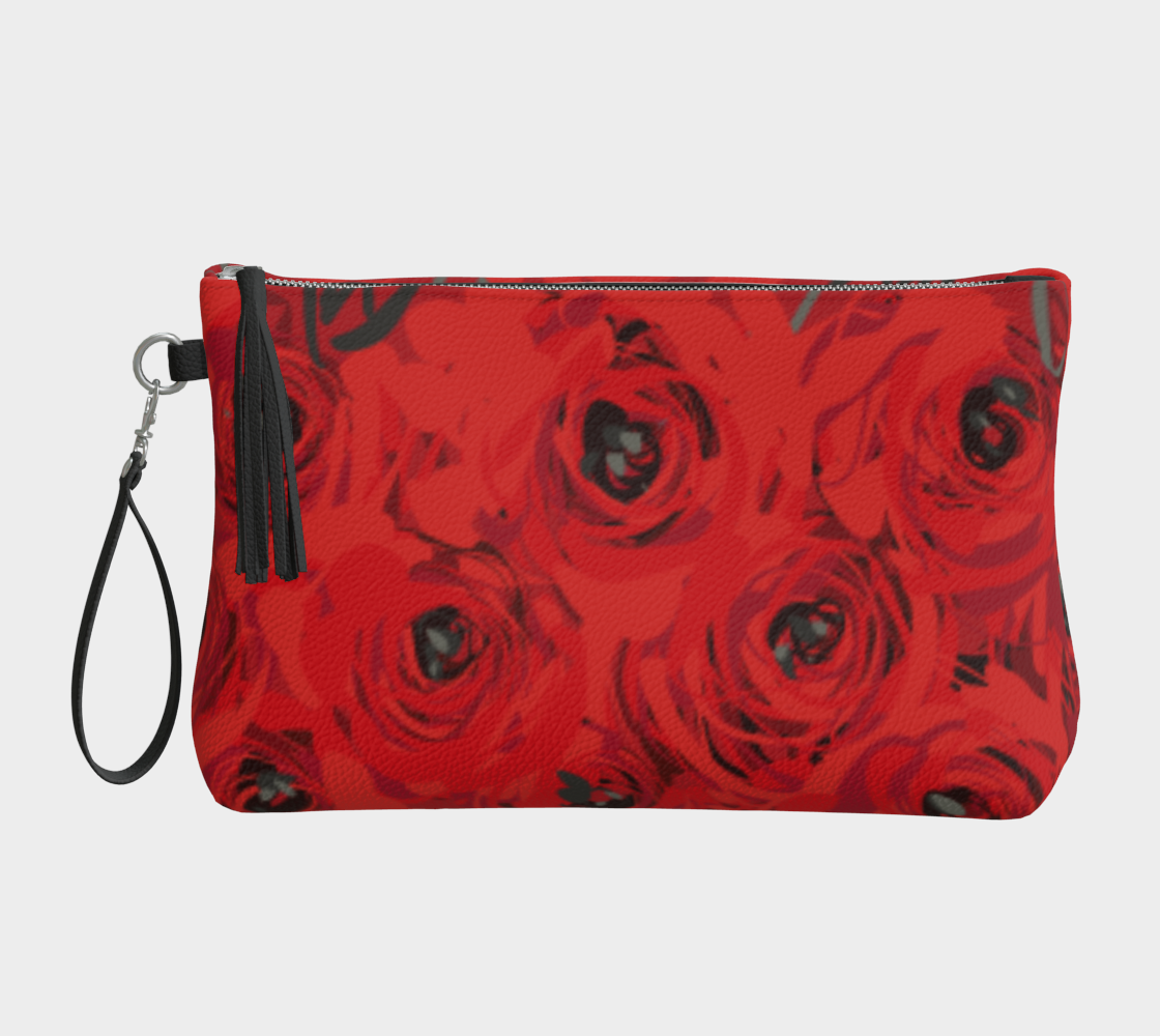 Queen of Petals Ruby Red Roses Vegan Leather Clutch, front view, deep crimson pebble leather with tassel