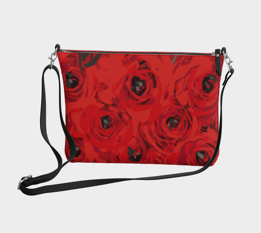 Queen of Petals Ruby Red Roses Vegan Leather Crossbody Purse, front view, ruby pebble leather with metal zipper