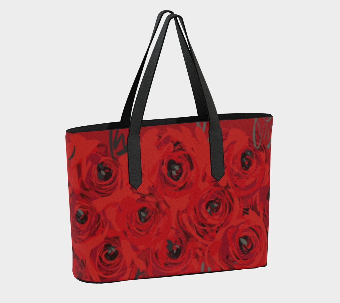 Queen of Petals Ruby Red Roses Vegan Leather Tote Bag, back view, 18 by 12 inch structured silhouette