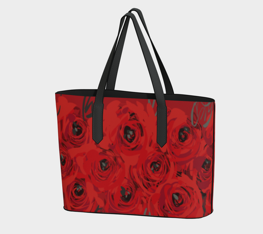 Queen of Petals Ruby Red Roses Vegan Leather Tote Bag, front view, deep ruby pebble leather