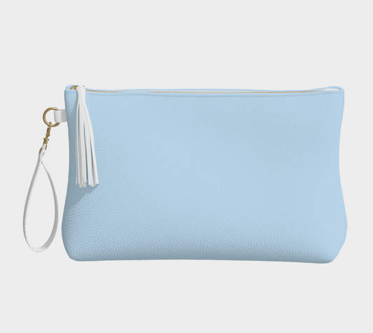Queen of Petals Shore Blue Pastel Blue Clutch, front view, vegan pebble leather with tassel