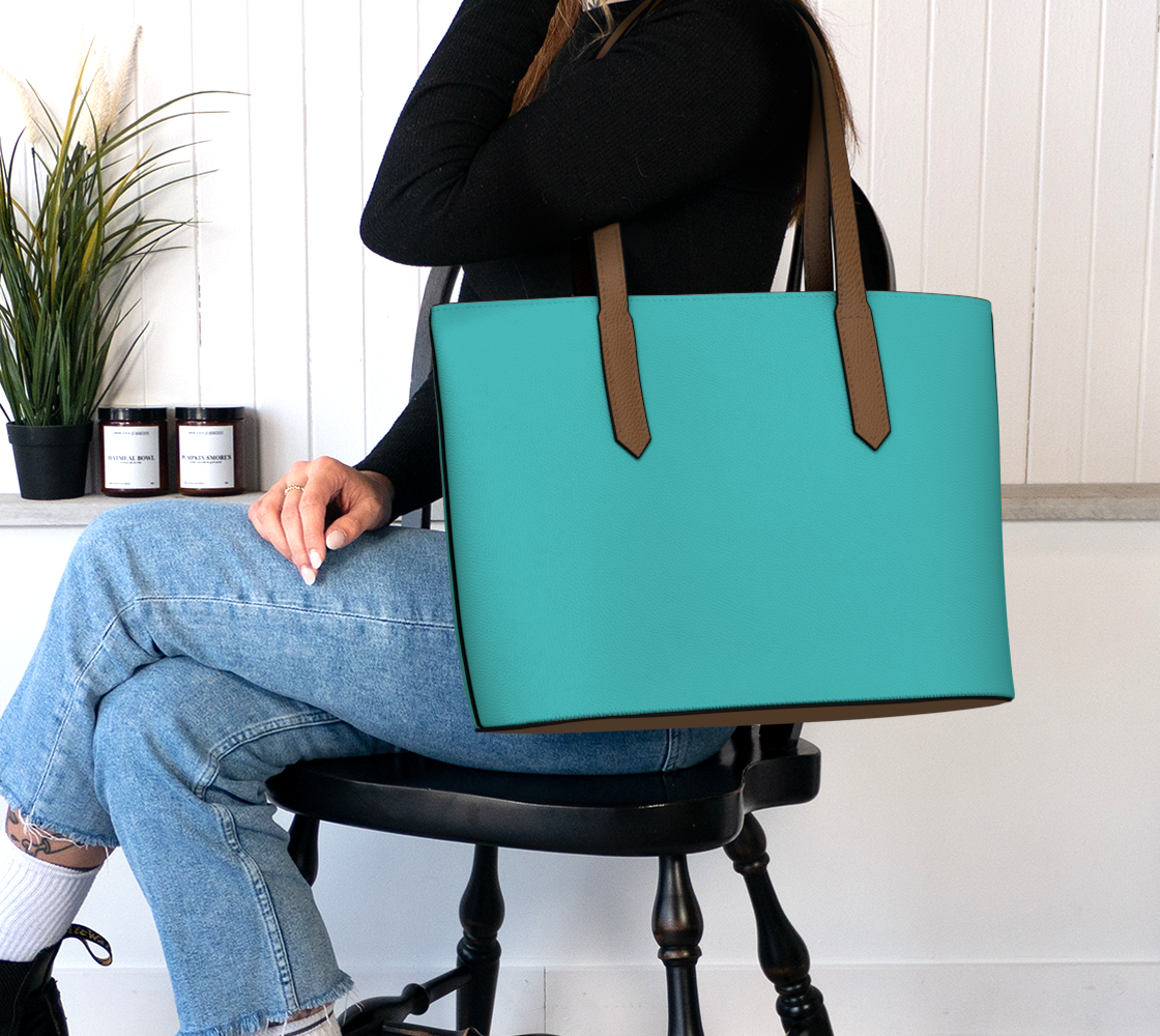 Queen of Petals Sky & Soil Mineral Turquoise Tote Bag, on shoulder, demonstrating capacity and fit