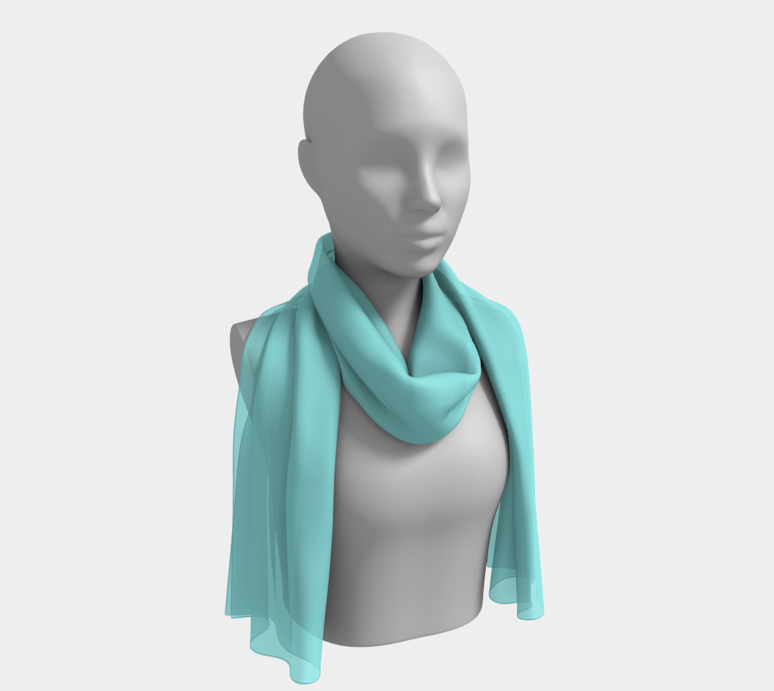 Queen of Petals Sky & Soil Robin's Egg Long Silk Scarf, draped over shoulder, turquoise silk