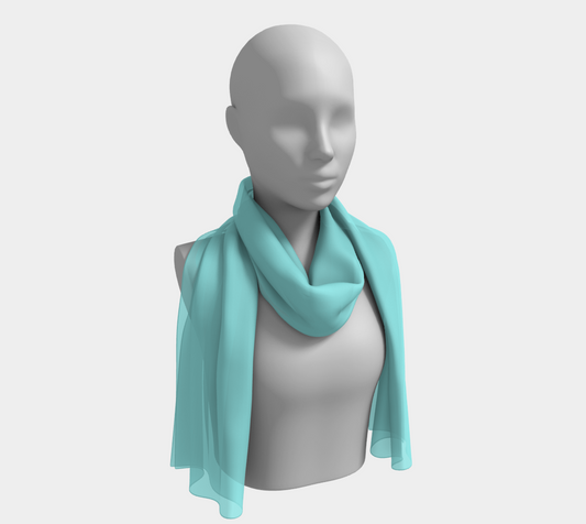 Queen of Petals Sky & Soil Robin's Egg Long Silk Scarf, draped over shoulder, turquoise silk