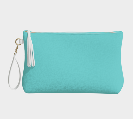 Queen of Petals Sky & Soil Turquoise Clutch, front view, vegan pebble leather with tassel