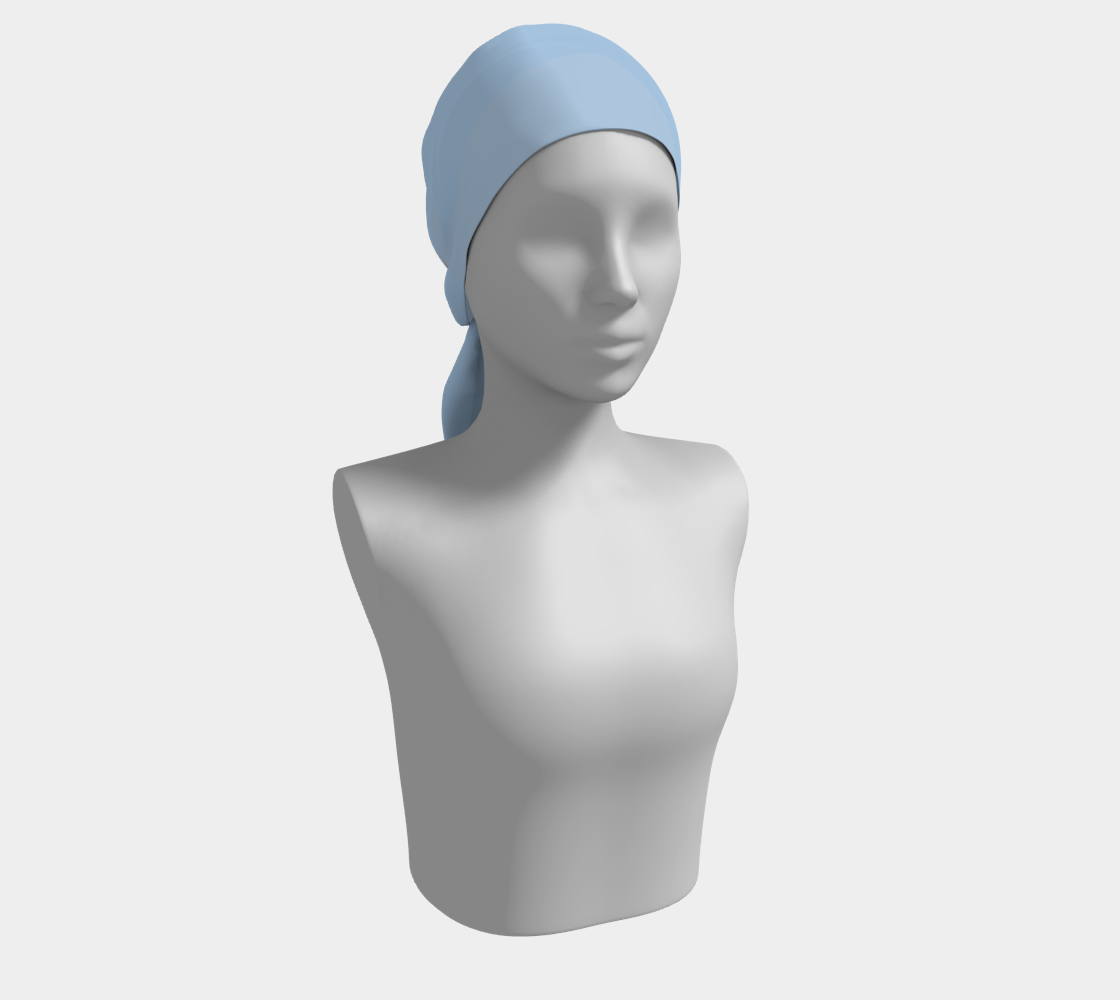 Queen of Petals Sky Blue Long Scarf styled as head wrap, demonstrating versatility in sky blue silk, hair accessory styling