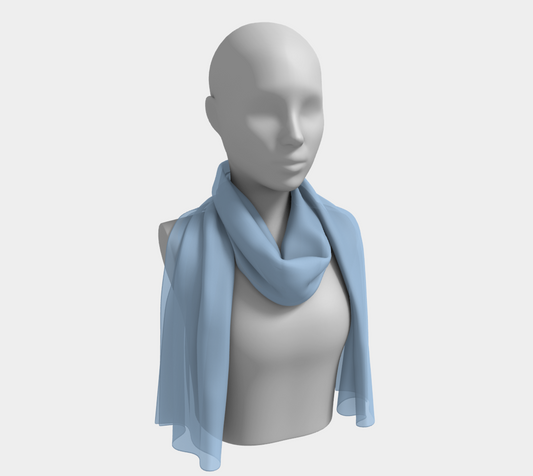 Queen of Petals Sky Blue Long Scarf draped as shoulder throw, showing silk flow and drape in pale sky blue, styling inspiration