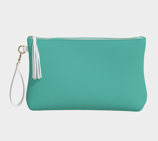 Queen of Petals Teal Collection Turquoise Teal Vegan Leather Clutch front view with decorative white tassel detail