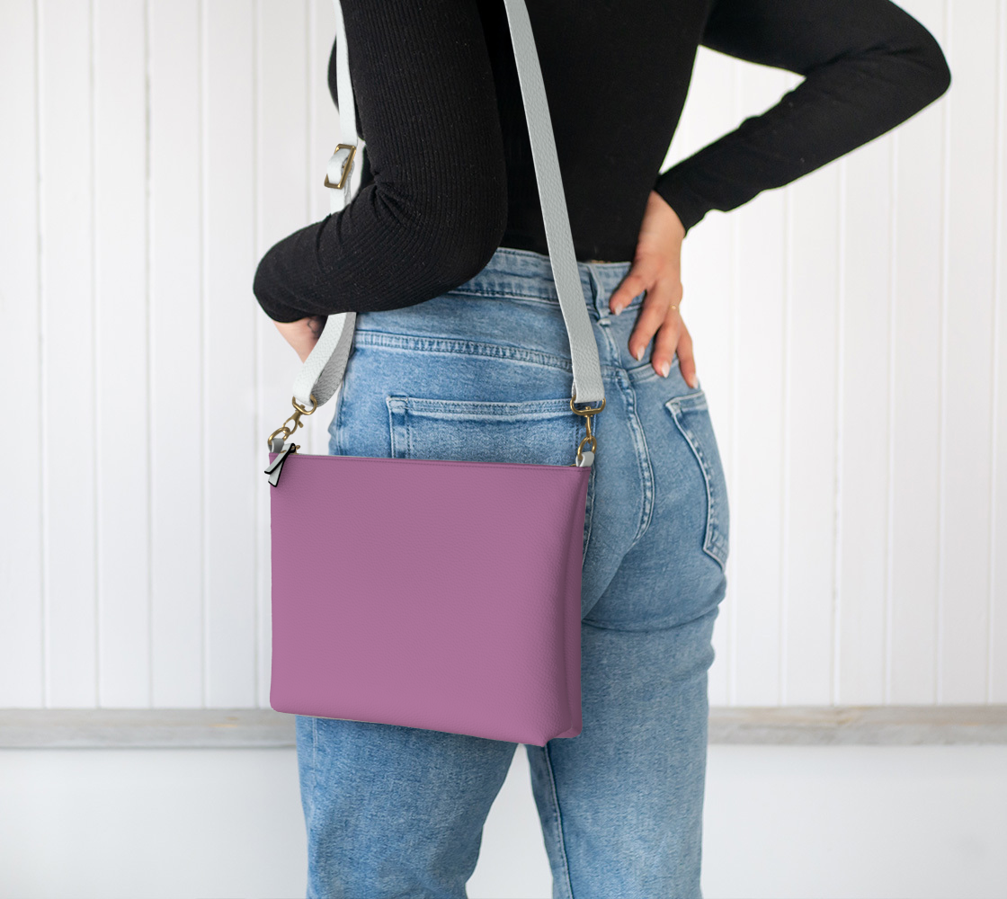 Queen of Petals The Alchemist plum crossbody purse, worn on shoulder, adjustable strap 26 to 46 inches