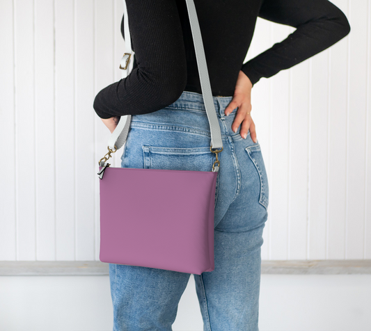 Queen of Petals The Alchemist plum crossbody purse, worn on shoulder, adjustable strap 26 to 46 inches