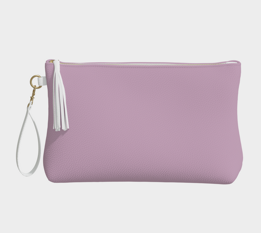 Queen of Petals The Alchemist soft plum clutch, front view, vegan pebble leather with tassel detail
