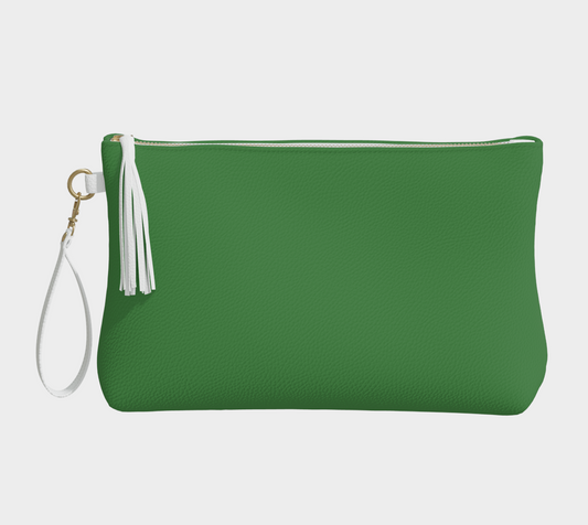 Queen of Petals The Botanist Clover Green Clutch, front view, smooth vegan pebble leather with white tassel detail