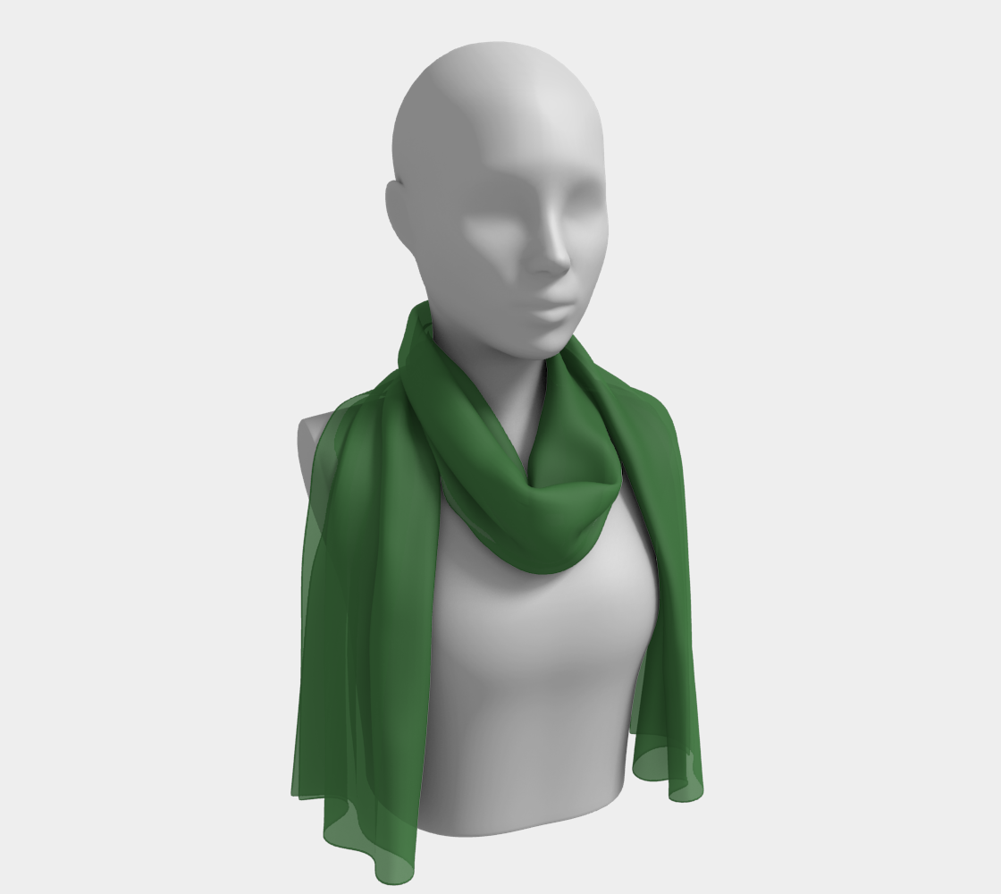 Queen of Petals The Cartographer Forest Green Long Silk Scarf, draped as shoulder throw on model, 16" × 72" silk charmeuse